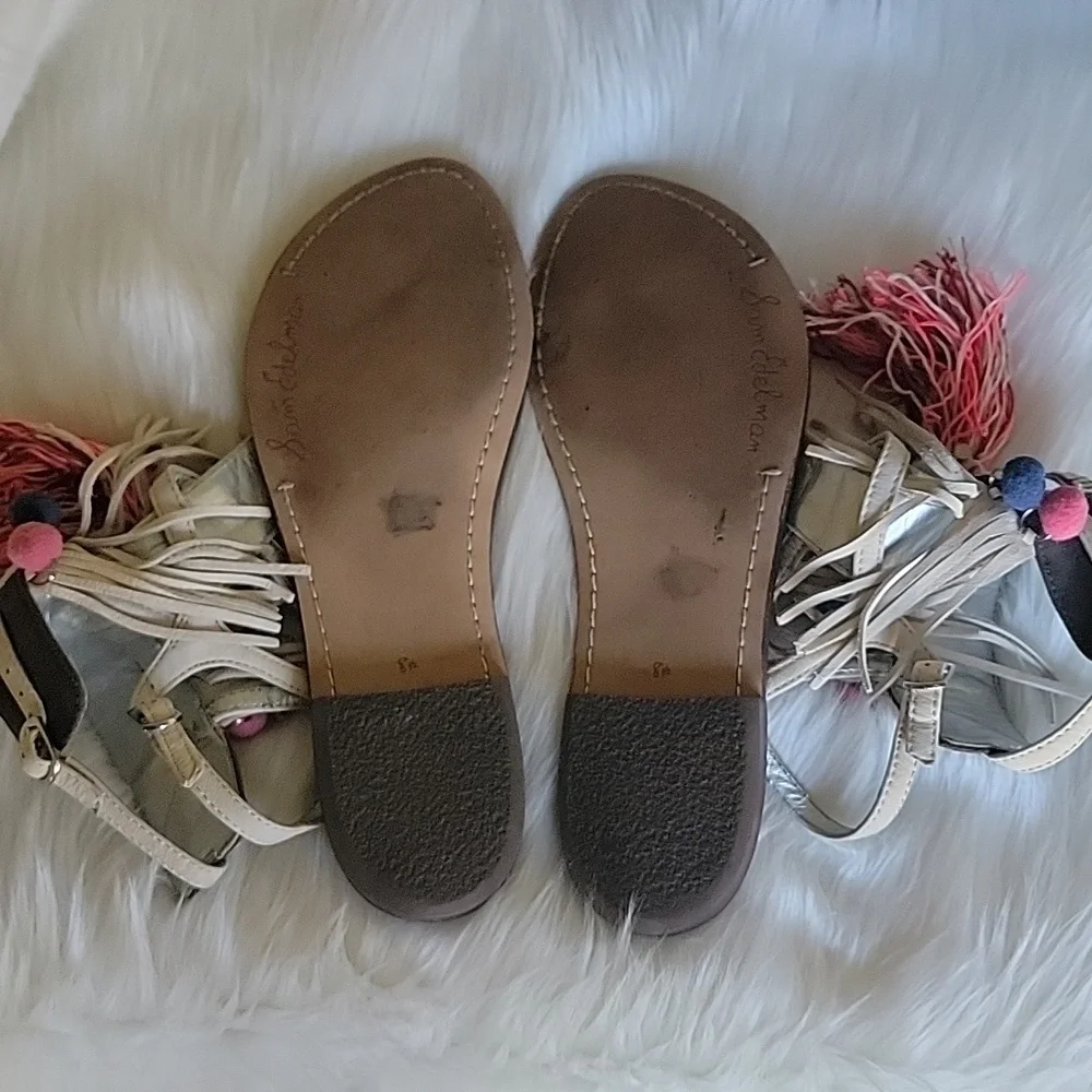 SAM EDELMAN Gere Western Fringe Pom‎ Pom Boho Hippie Gladiator Thong Sandals 8.5 - Picture 9 of 14